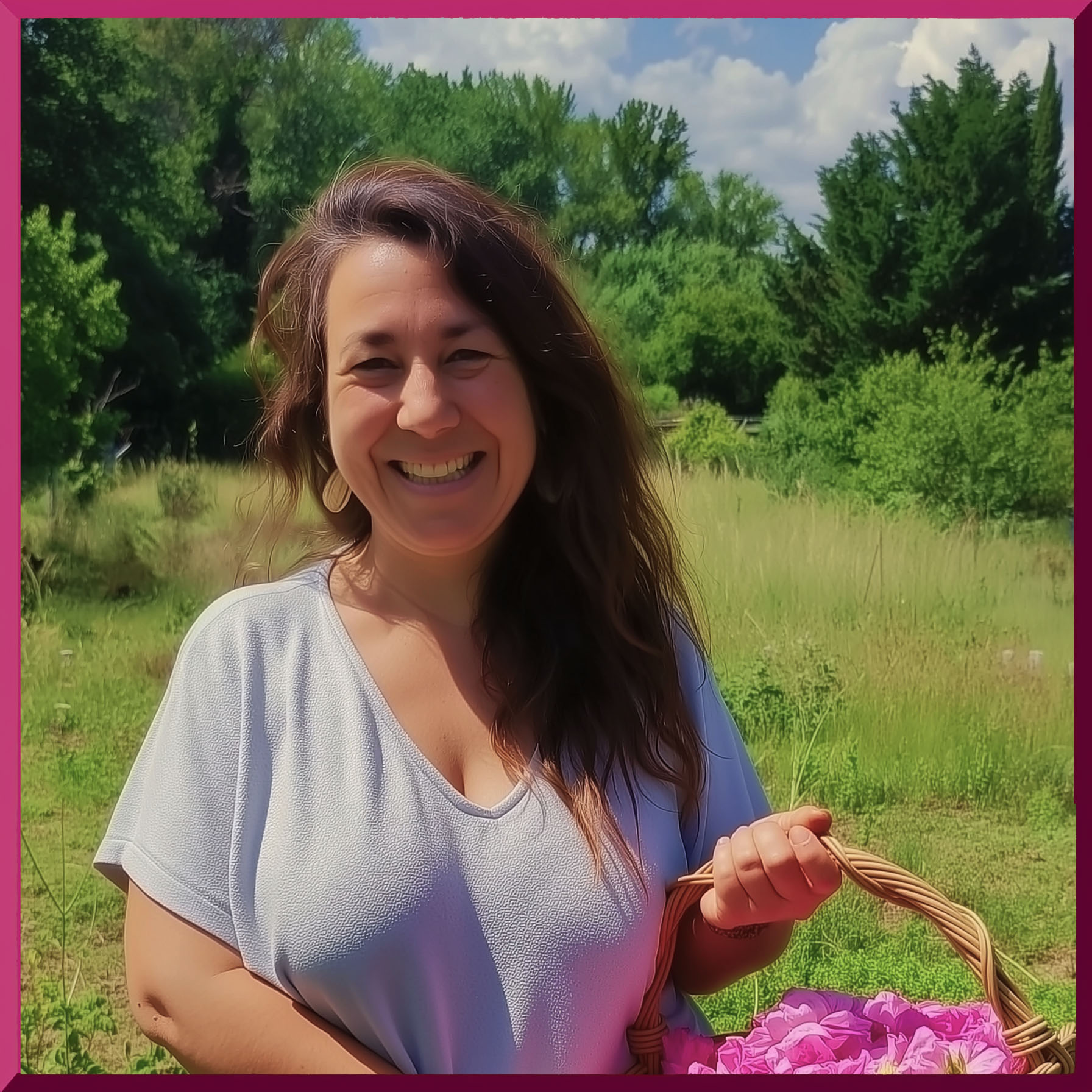 Audrey récoltant des fleurs dans son jardin